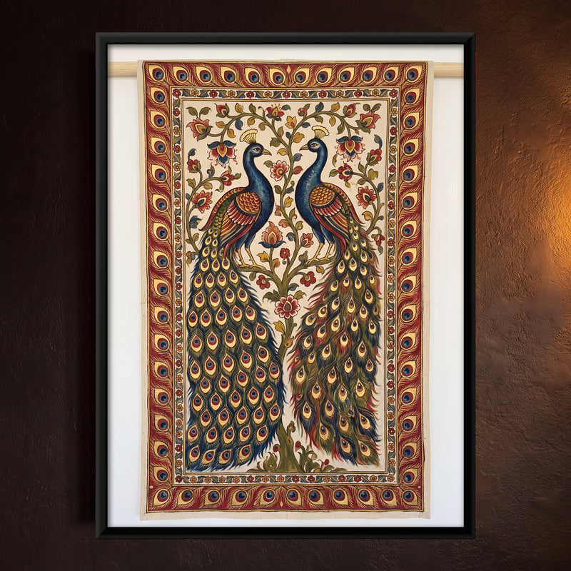 Peacock Pair Among Flowering Vines - framed canvas art hung on a wall