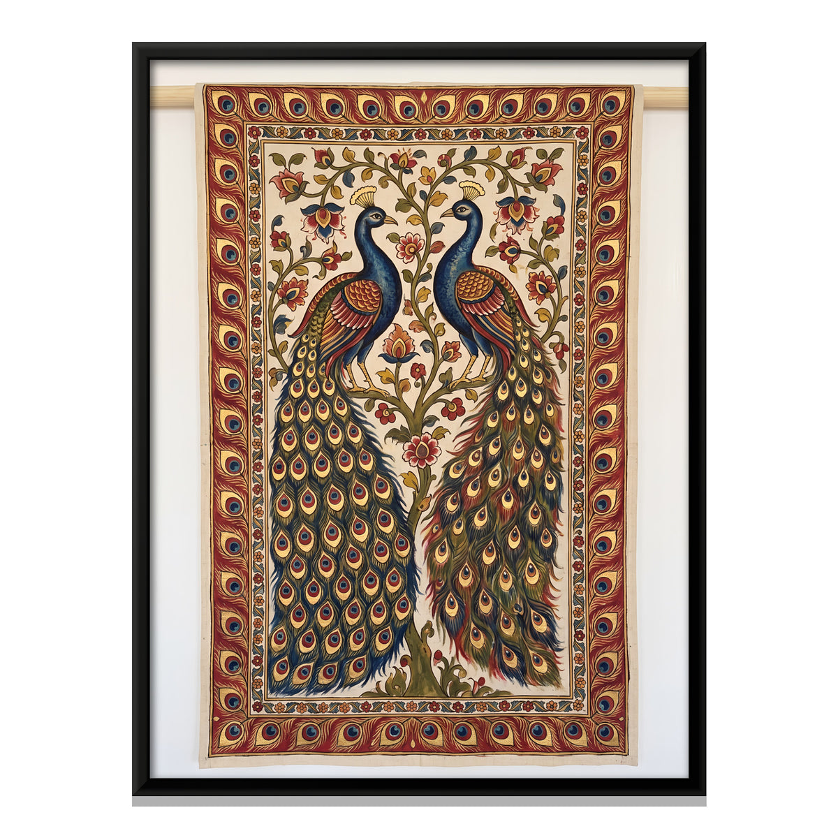 Peacock Pair Among Flowering Vines - framed canvas print, front view