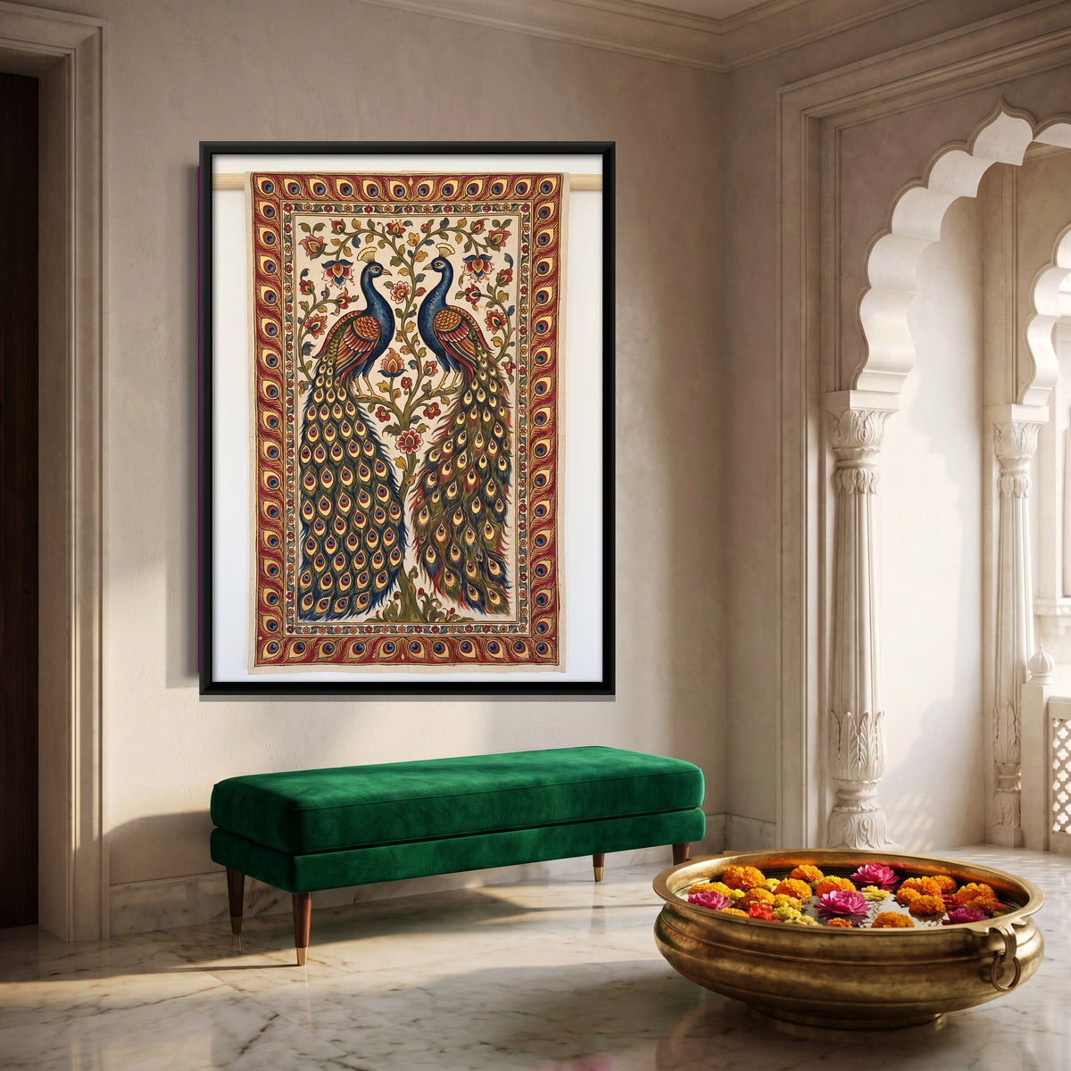 Peacock Pair Among Flowering Vines - canvas art shown in a styled room