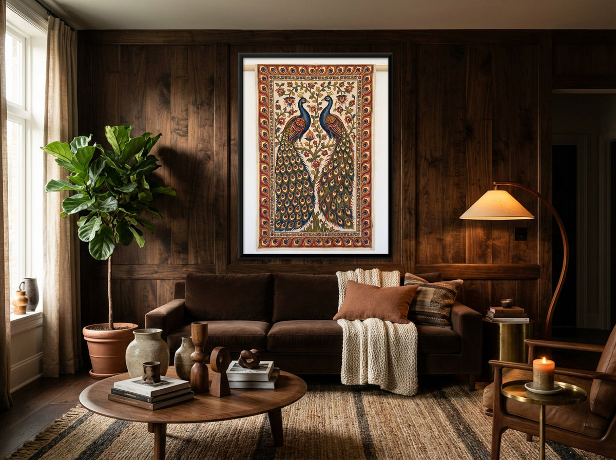 Peacock Pair Among Flowering Vines - canvas art shown in a second room setting