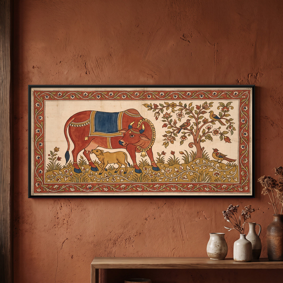 Gau Mata with Calf - framed canvas art hung on a wall