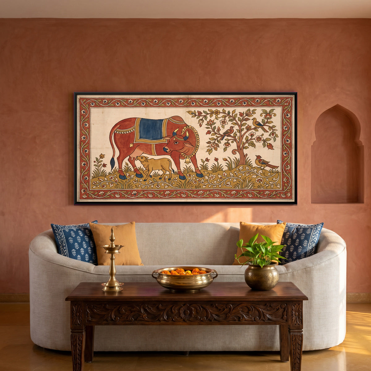 Gau Mata with Calf - canvas art shown in a styled room