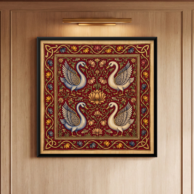 Four Swans Around a Lotus - framed canvas art hung on a wall