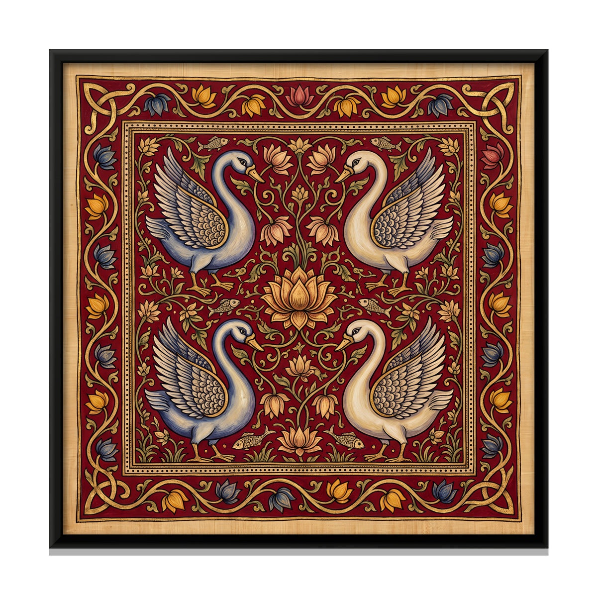 Four Swans Around a Lotus - framed canvas print, front view