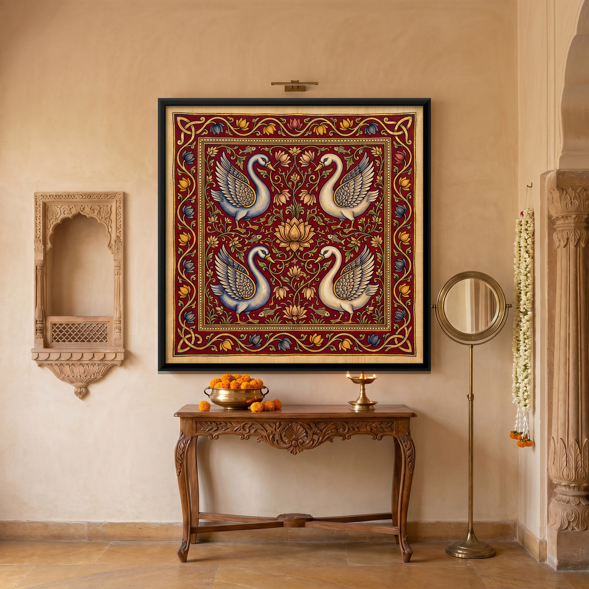 Four Swans Around a Lotus - canvas art shown in a second room setting