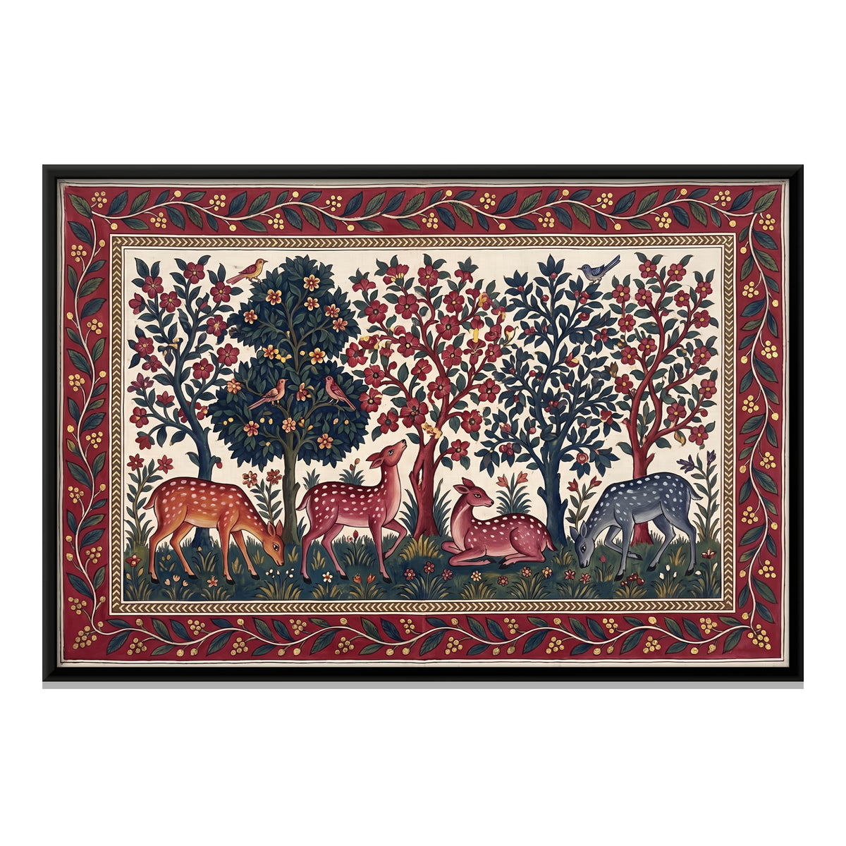 Deer in a Flowering Grove - framed canvas print, front view