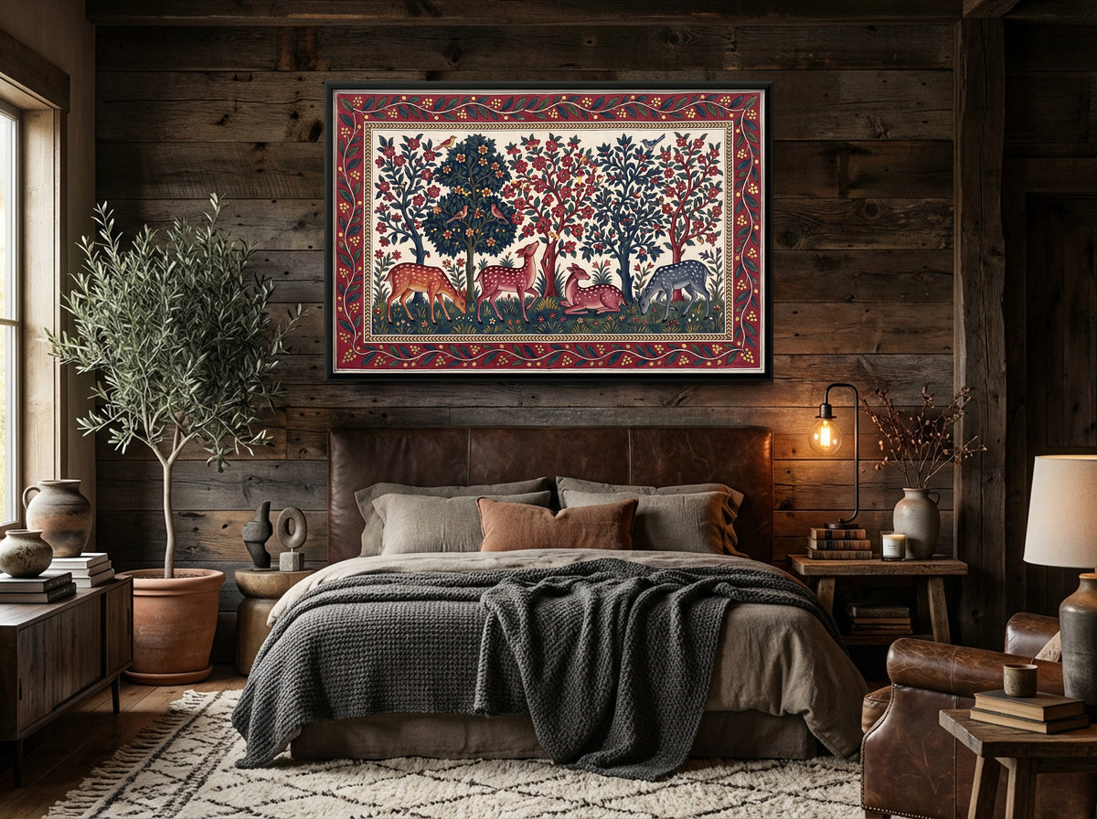 Deer in a Flowering Grove - canvas art shown in a second room setting