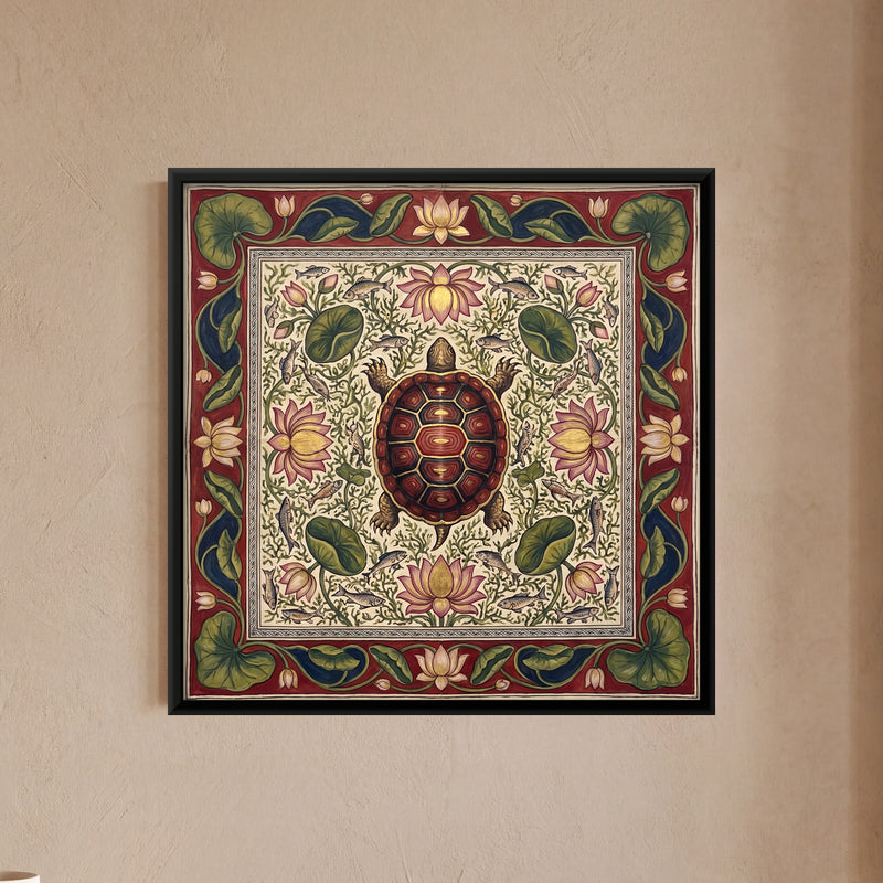 Turtle in a Lotus Pond - framed canvas art hung on a wall