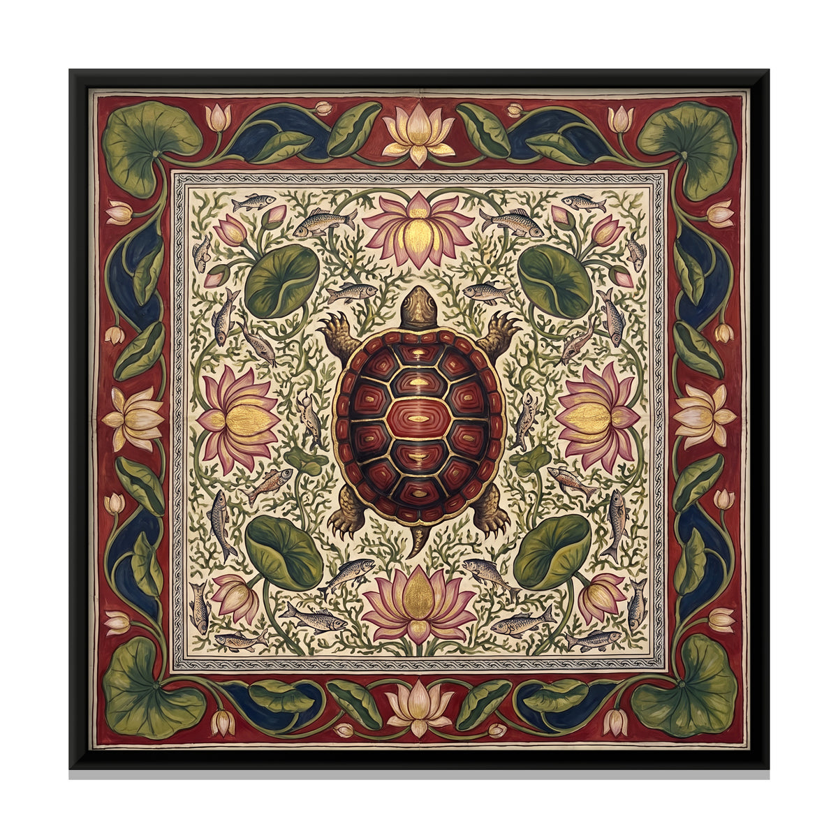 Turtle in a Lotus Pond - framed canvas print, front view