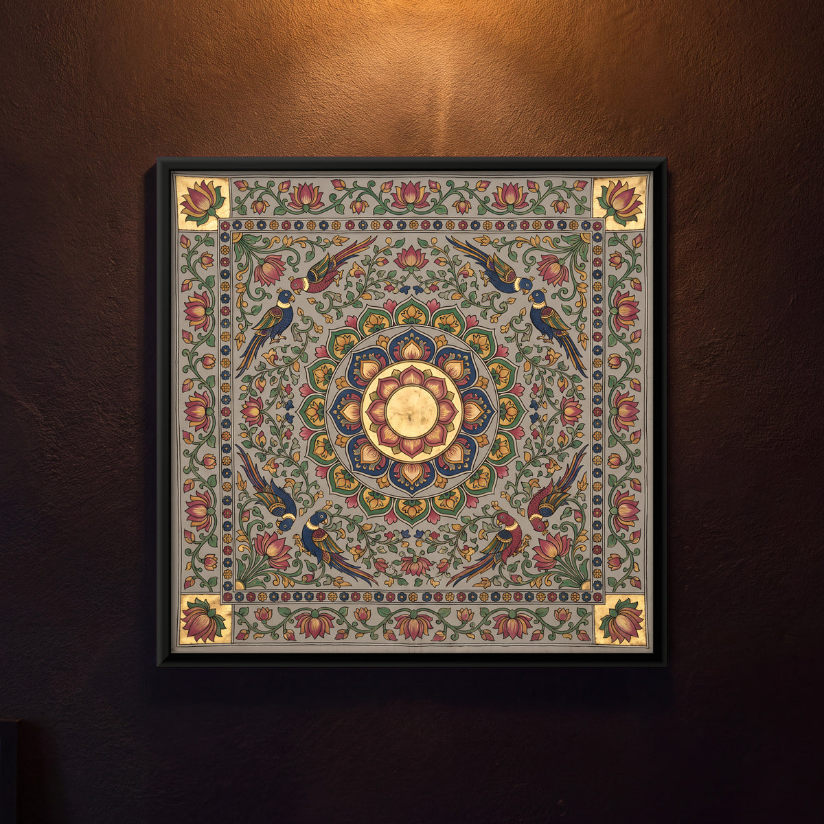 Lotus Medallion with Birds - framed canvas art hung on a wall