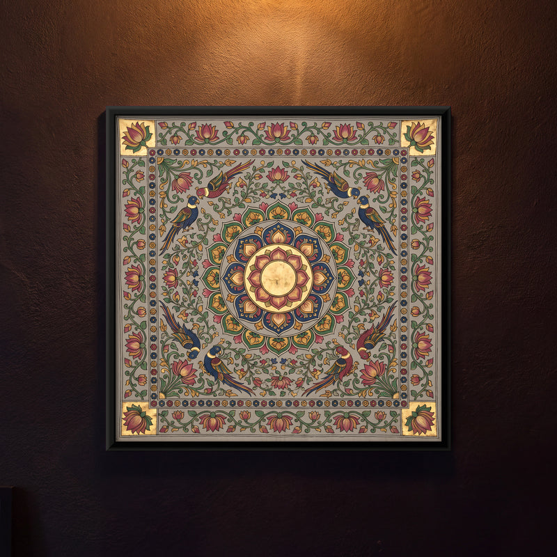 Lotus Medallion with Birds - framed canvas art hung on a wall