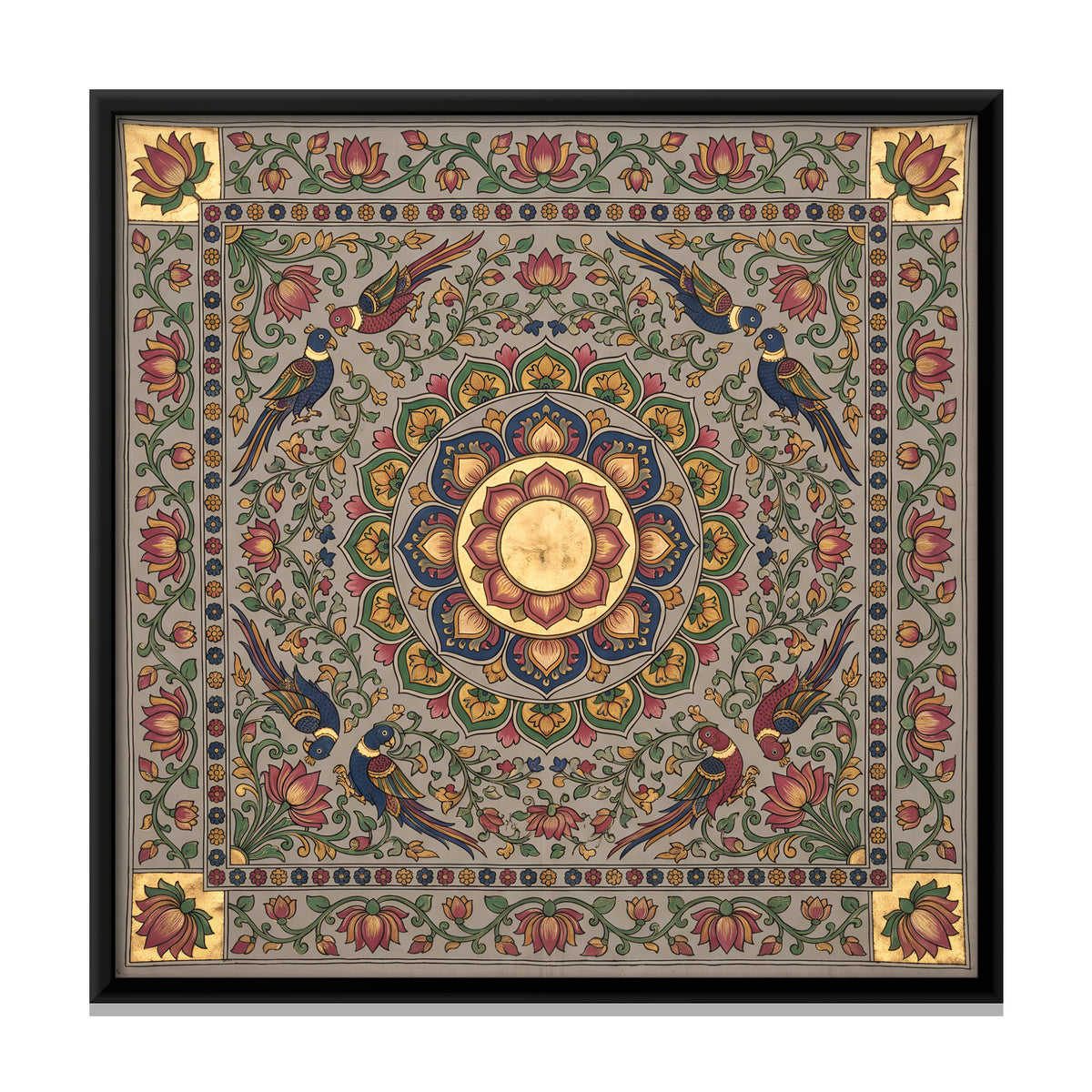 Lotus Medallion with Birds - framed canvas print, front view