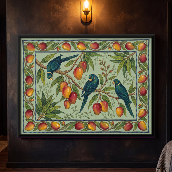 Parrots on a Mango Branch in Sage