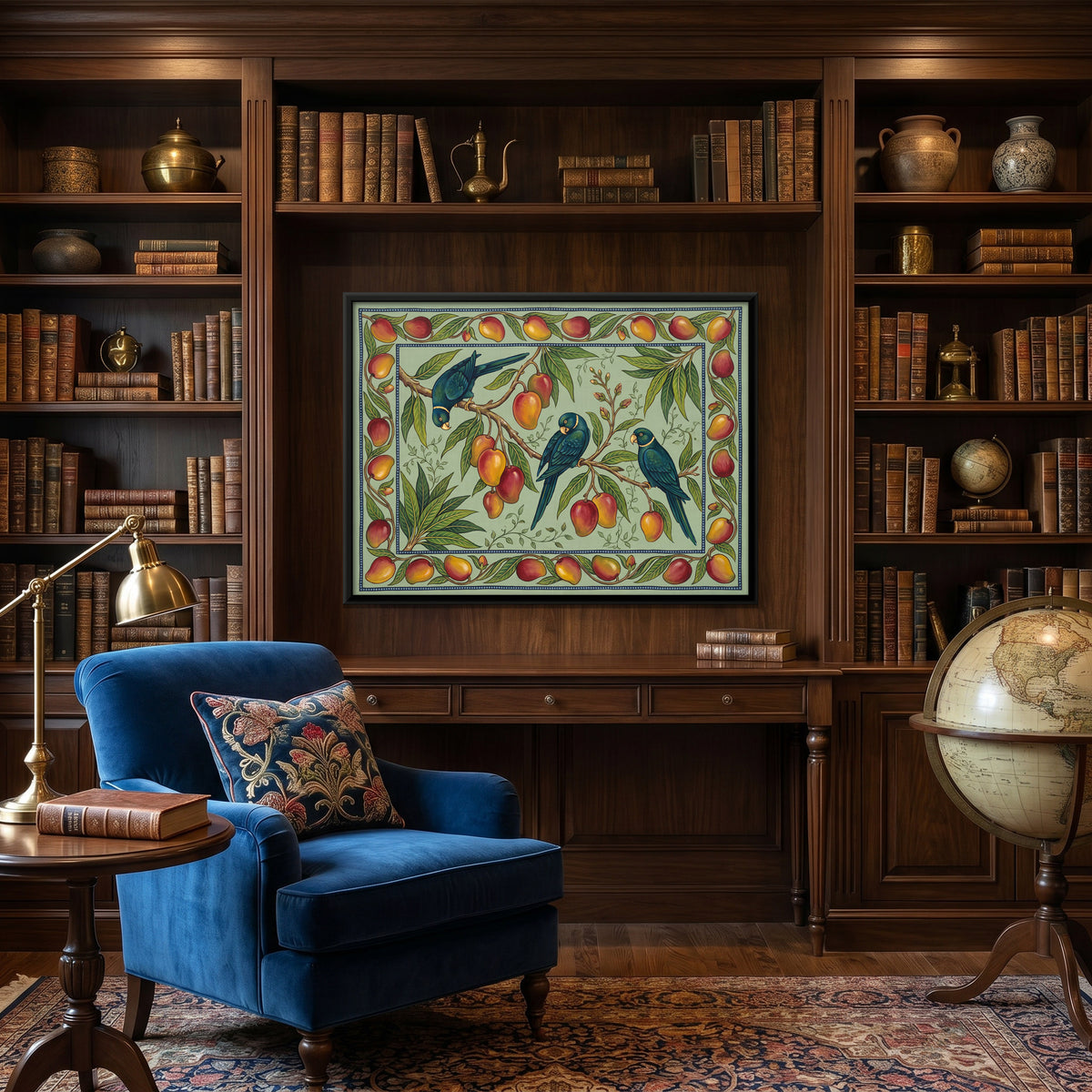 Parrots on a Mango Branch - canvas art shown in a second room setting