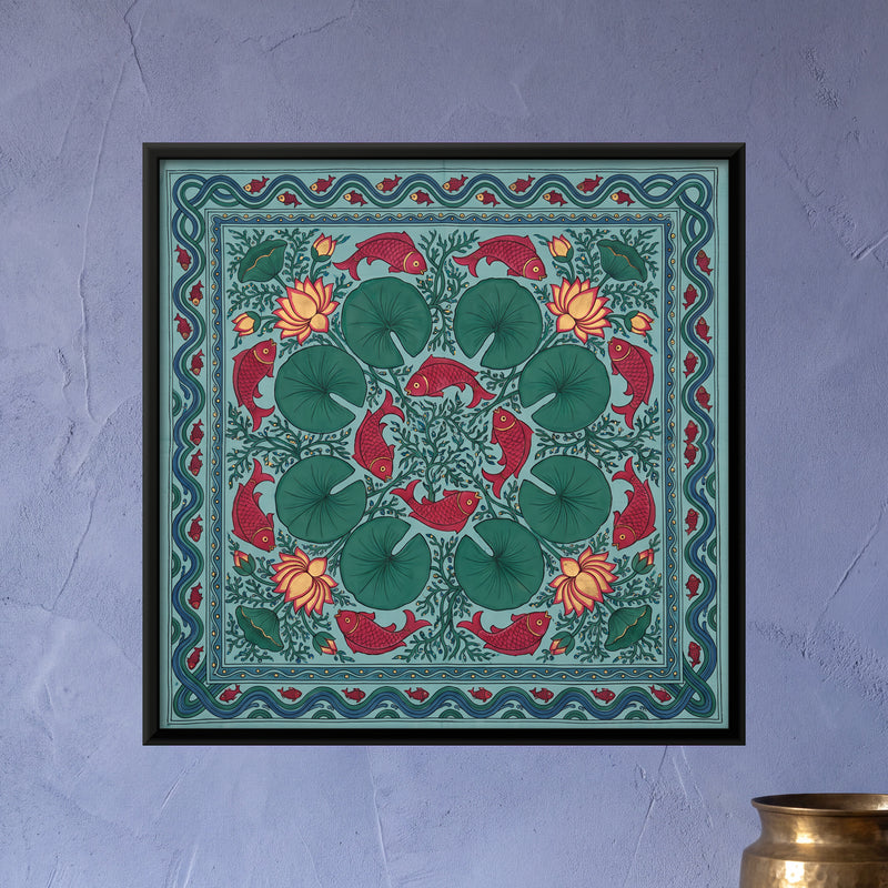 Fish and Lotus Pond - framed canvas art hung on a wall