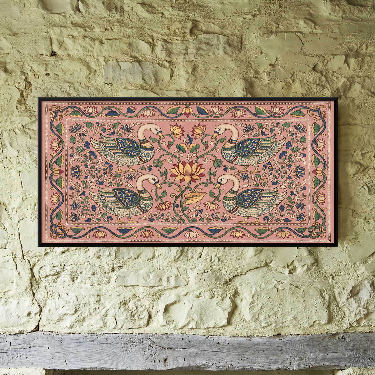 Swans Around a Lotus - framed canvas art hung on a wall
