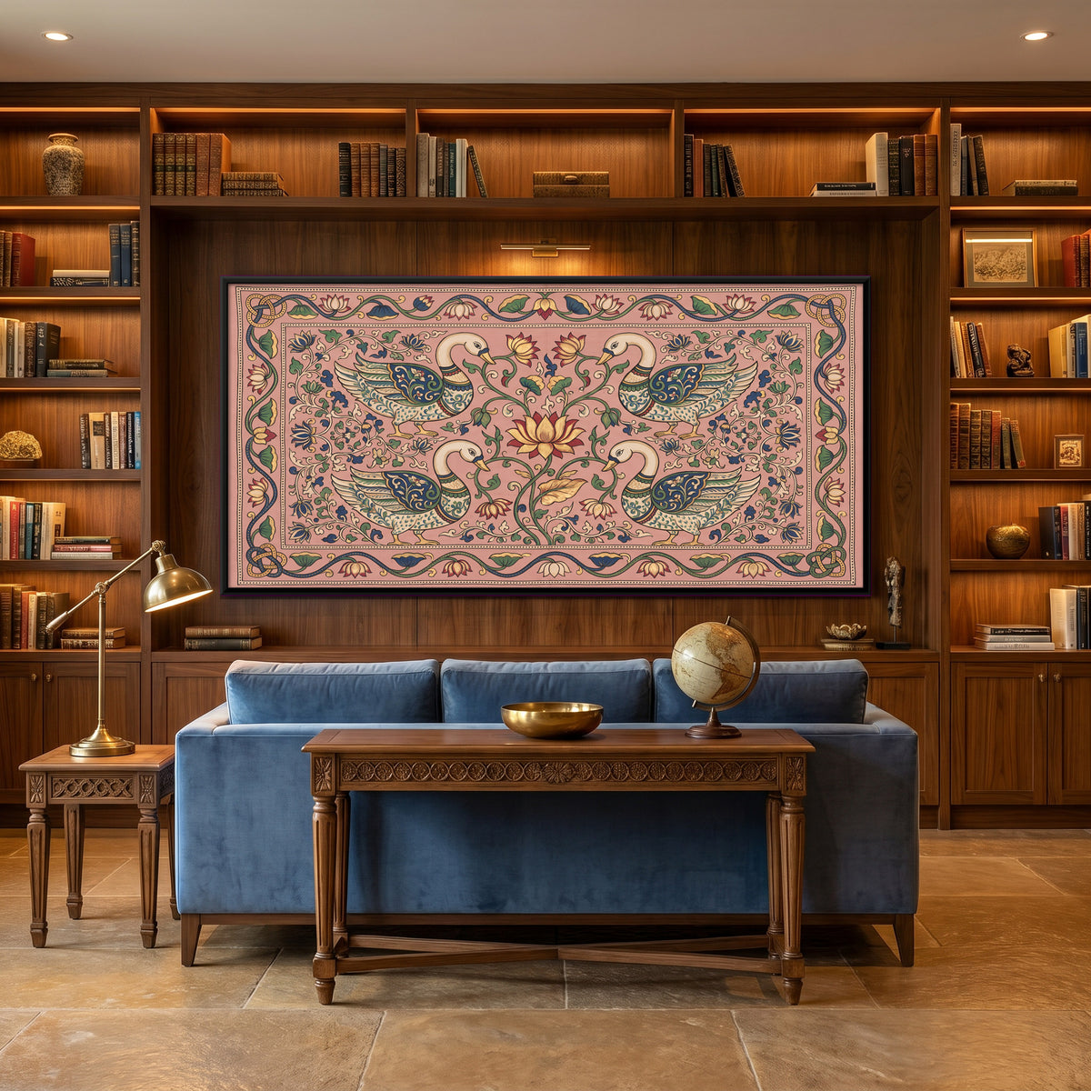 Swans Around a Lotus - canvas art shown in a second room setting