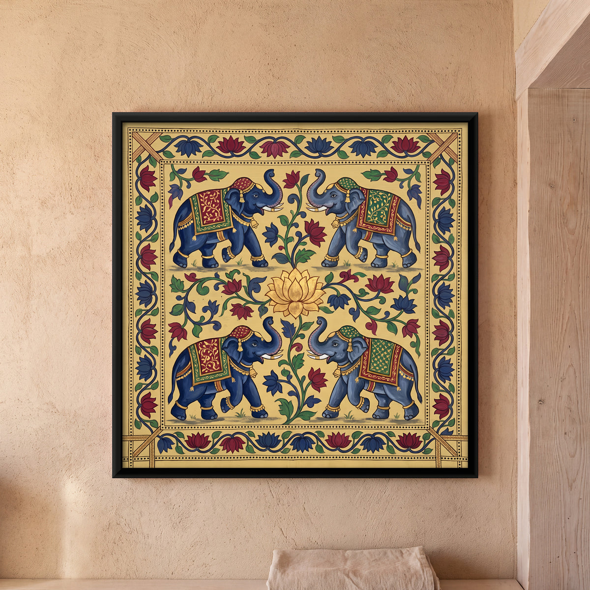 Four Elephants Around a Lotus - framed canvas art hung on a wall