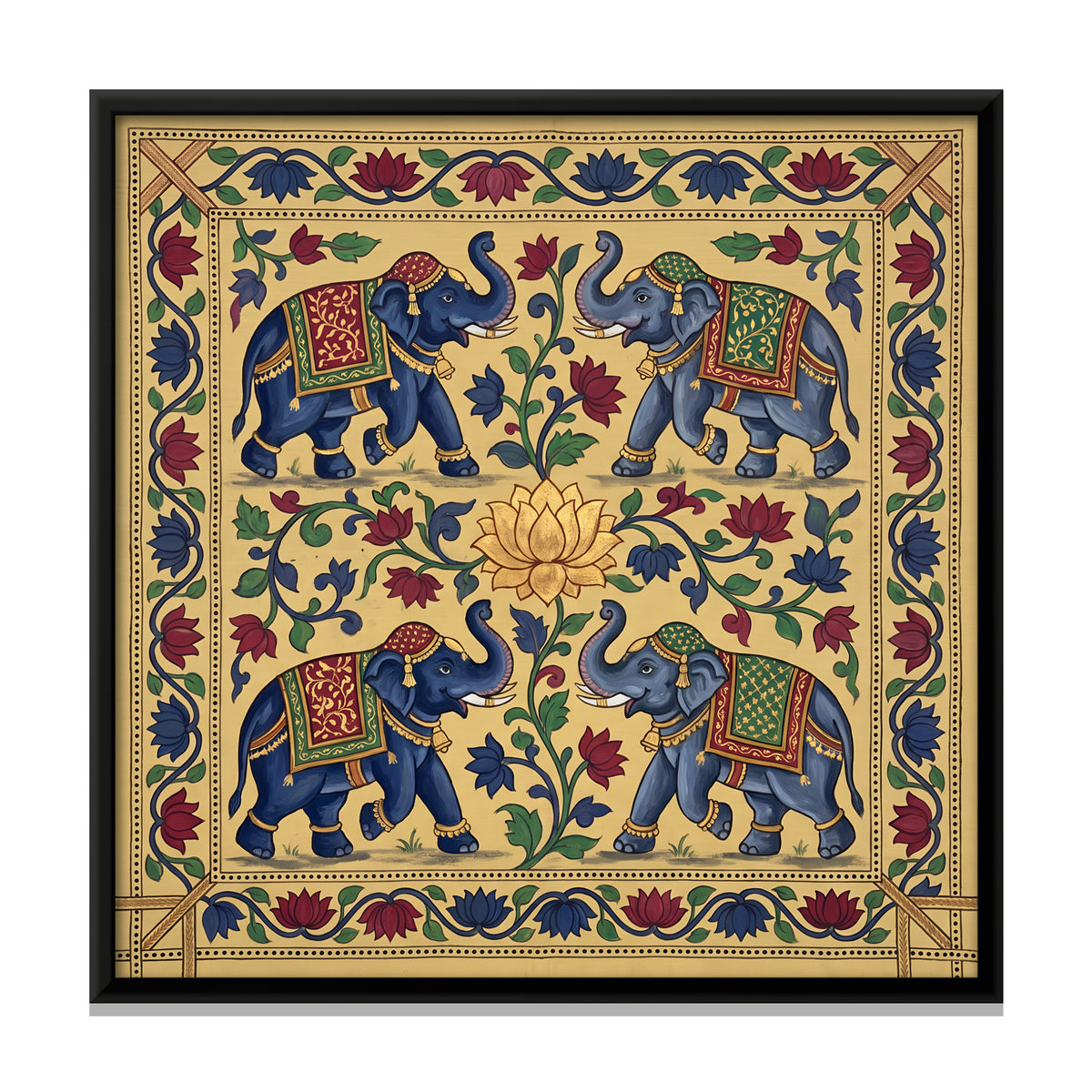Four Elephants Around a Lotus - framed canvas print, front view