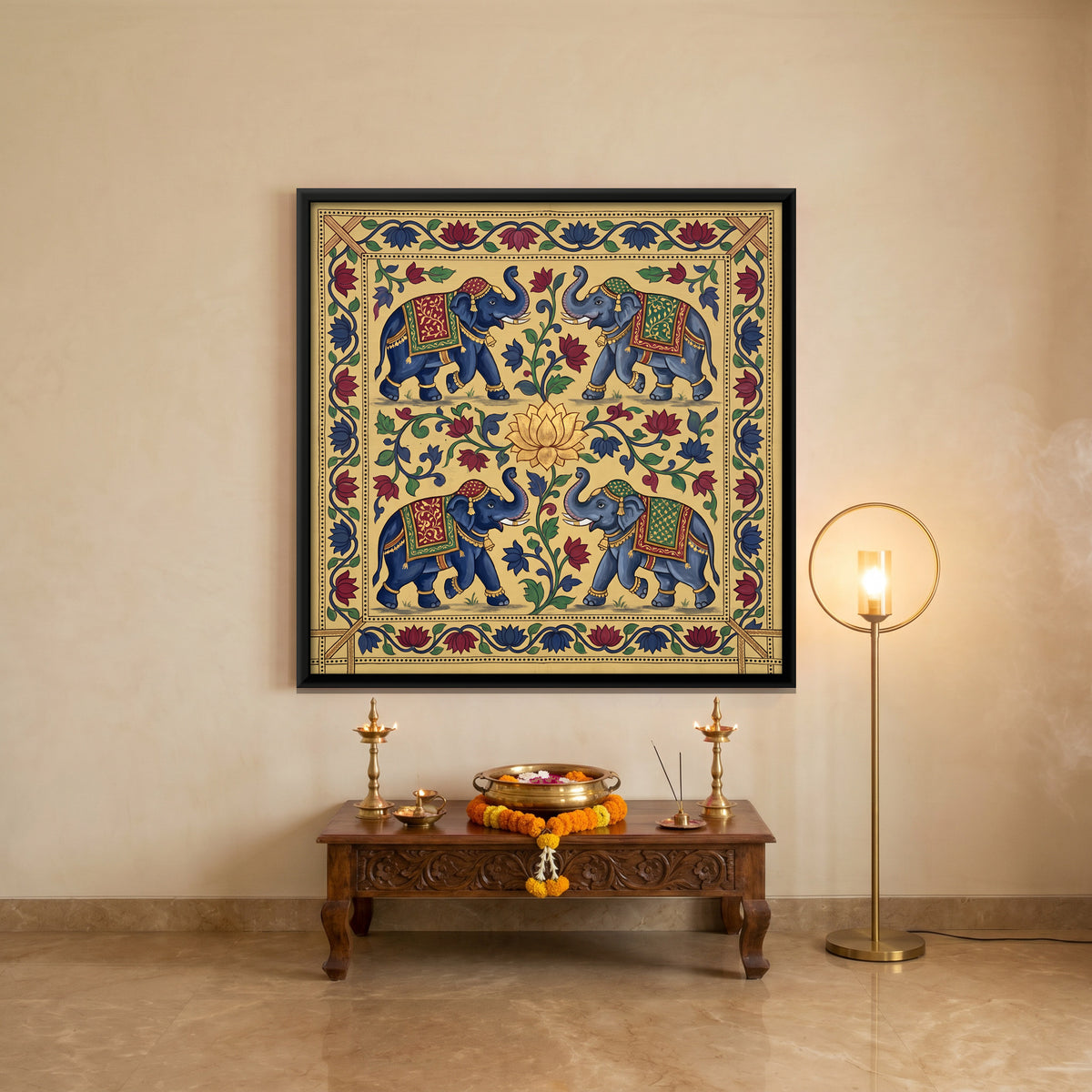Four Elephants Around a Lotus - canvas art shown in a styled room