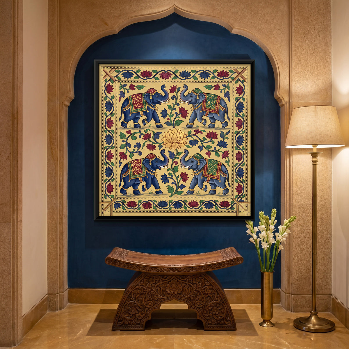 Four Elephants Around a Lotus - canvas art shown in a second room setting
