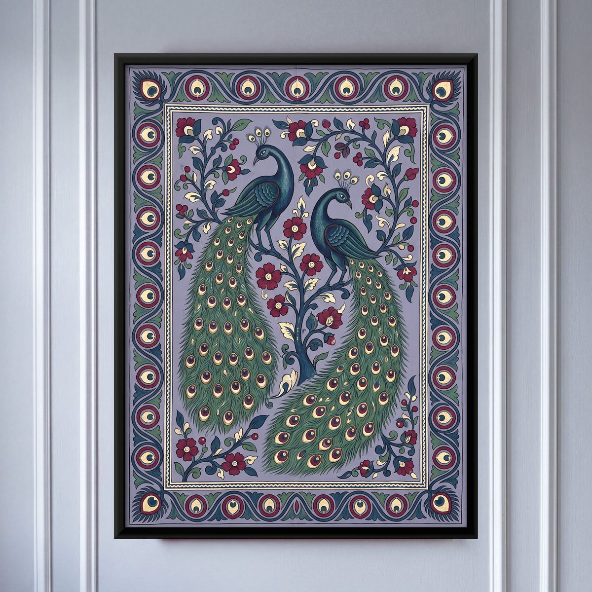 Pair of Peacocks - framed canvas art hung on a wall