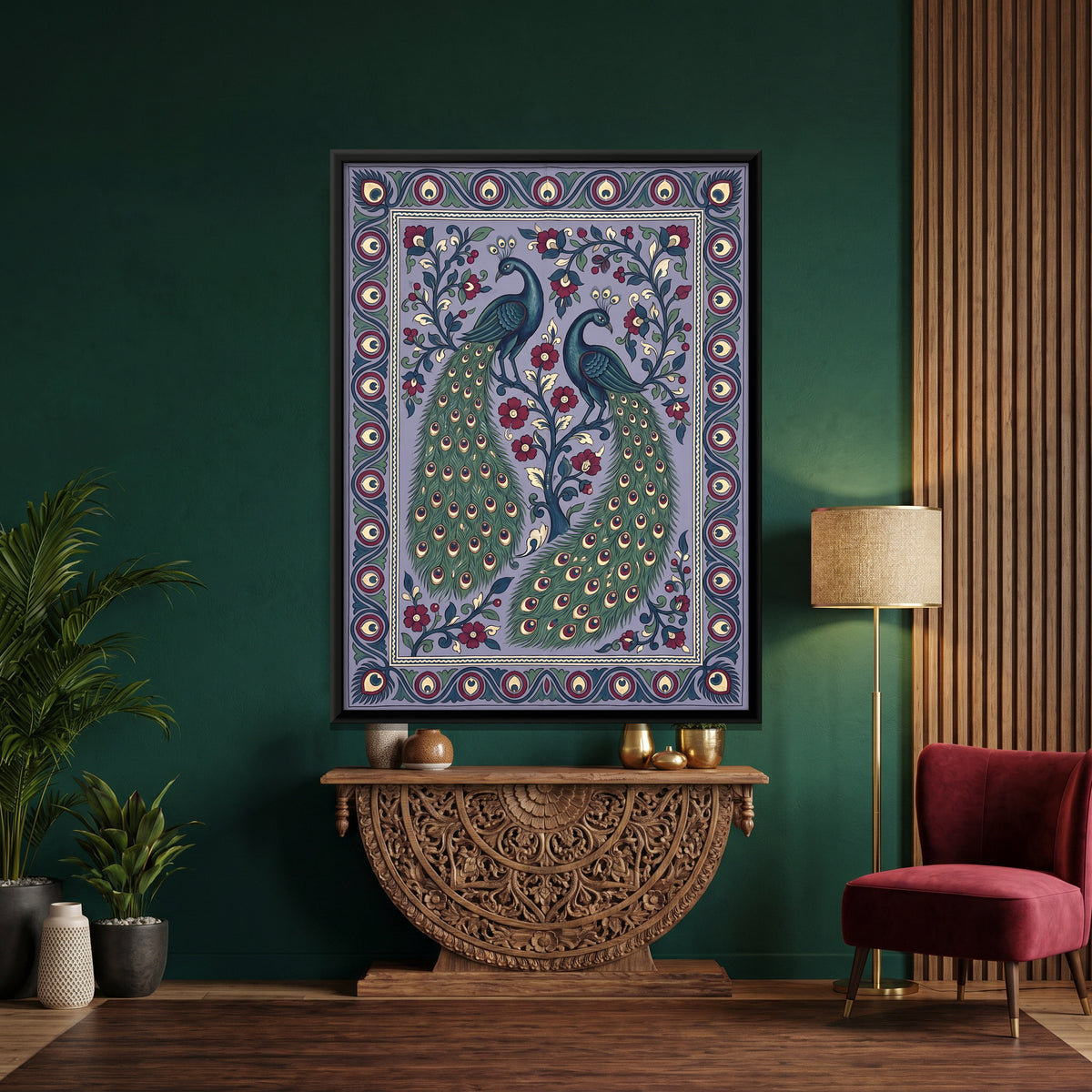 Pair of Peacocks - canvas art shown in a second room setting