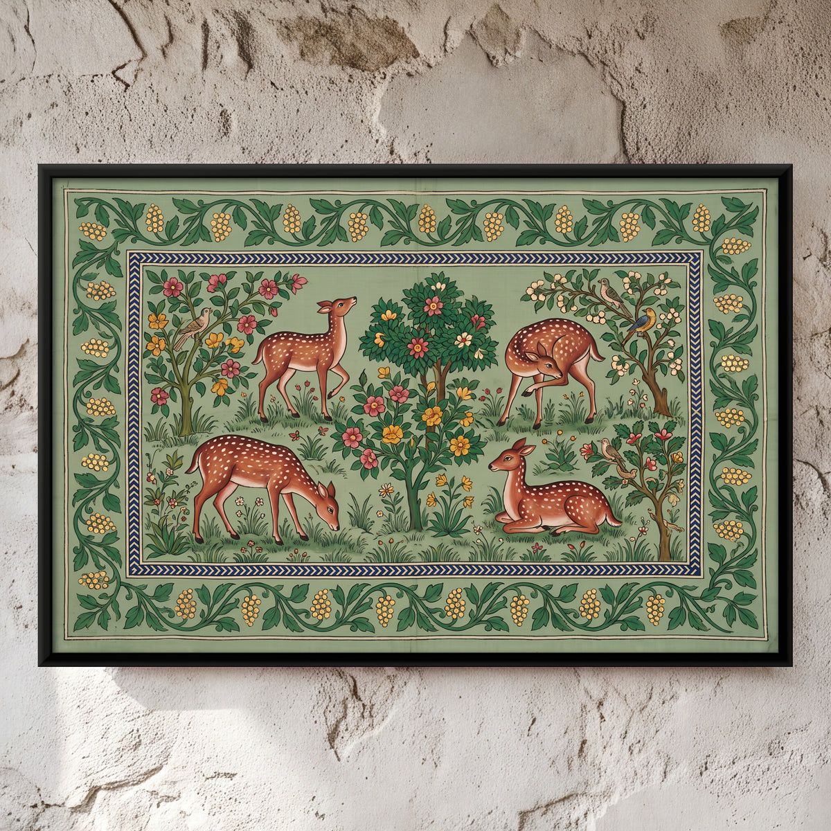 Deer in a Flowering Grove - framed canvas art hung on a wall