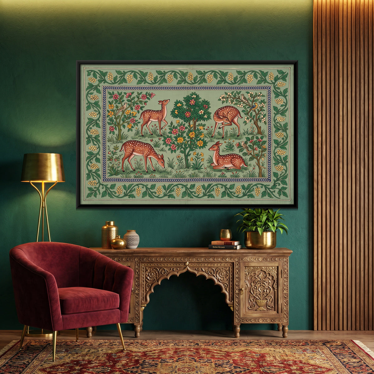 Deer in a Flowering Grove - canvas art shown in a styled room