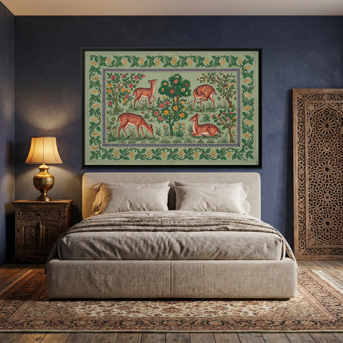 Deer in a Flowering Grove - canvas art shown in a second room setting