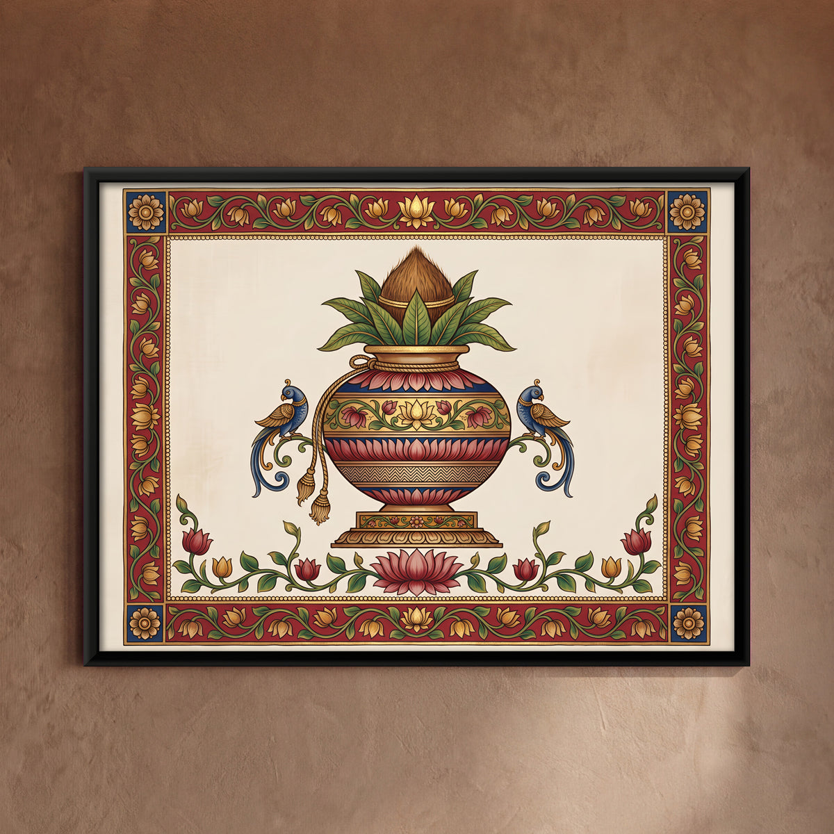 Kalash with Parrots - framed canvas art hung on a wall