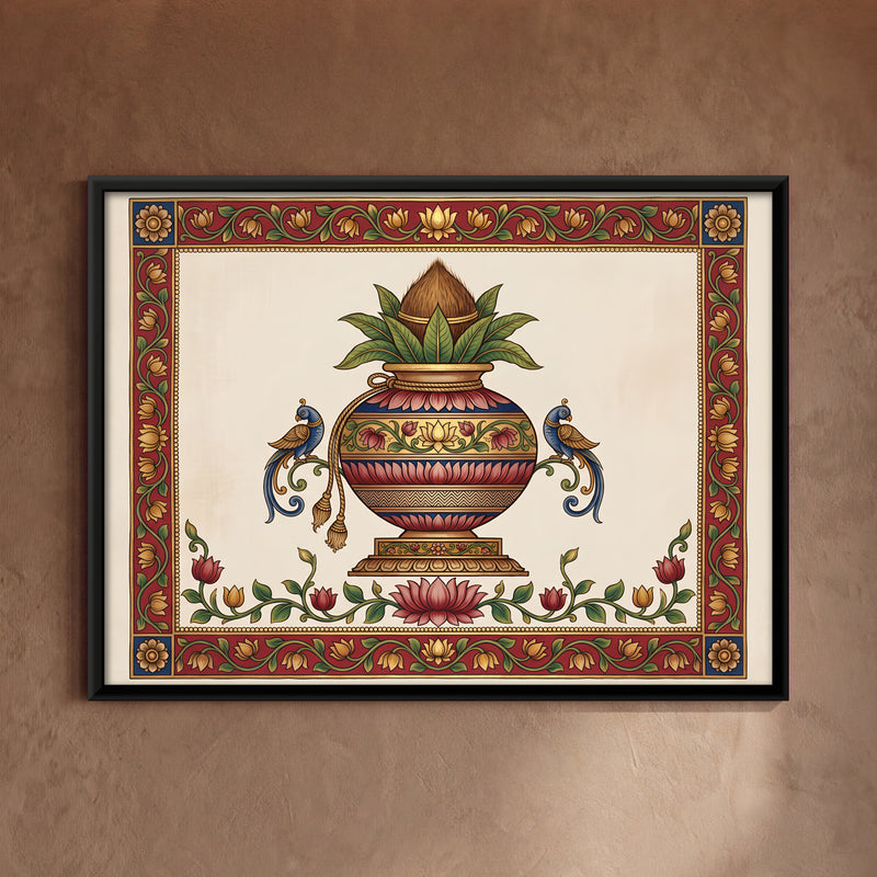 Kalash with Parrots - framed canvas art hung on a wall