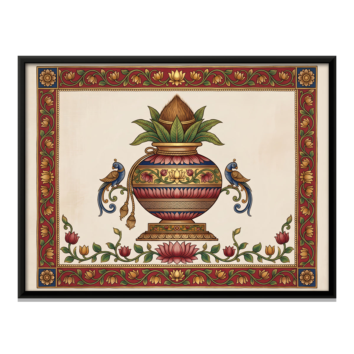 Kalash with Parrots - framed canvas print, front view
