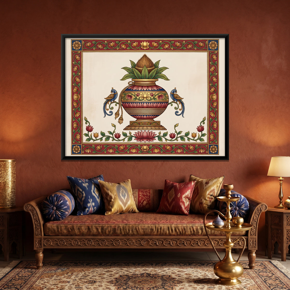 Kalash with Parrots - canvas art shown in a styled room