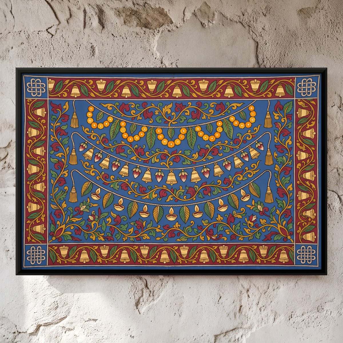 Toran with Temple Bells - framed canvas art hung on a wall