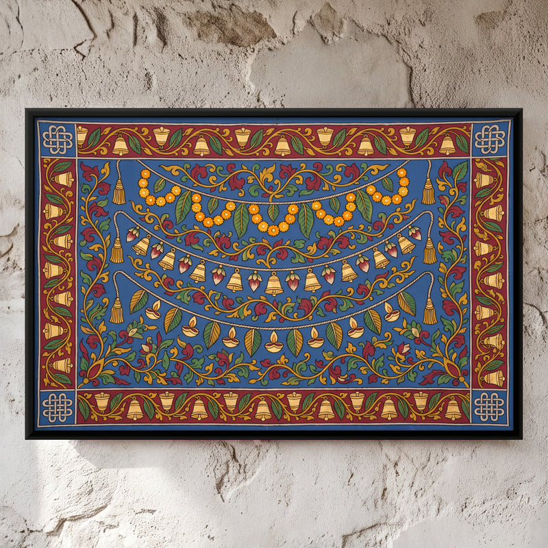 Toran with Temple Bells - framed canvas art hung on a wall