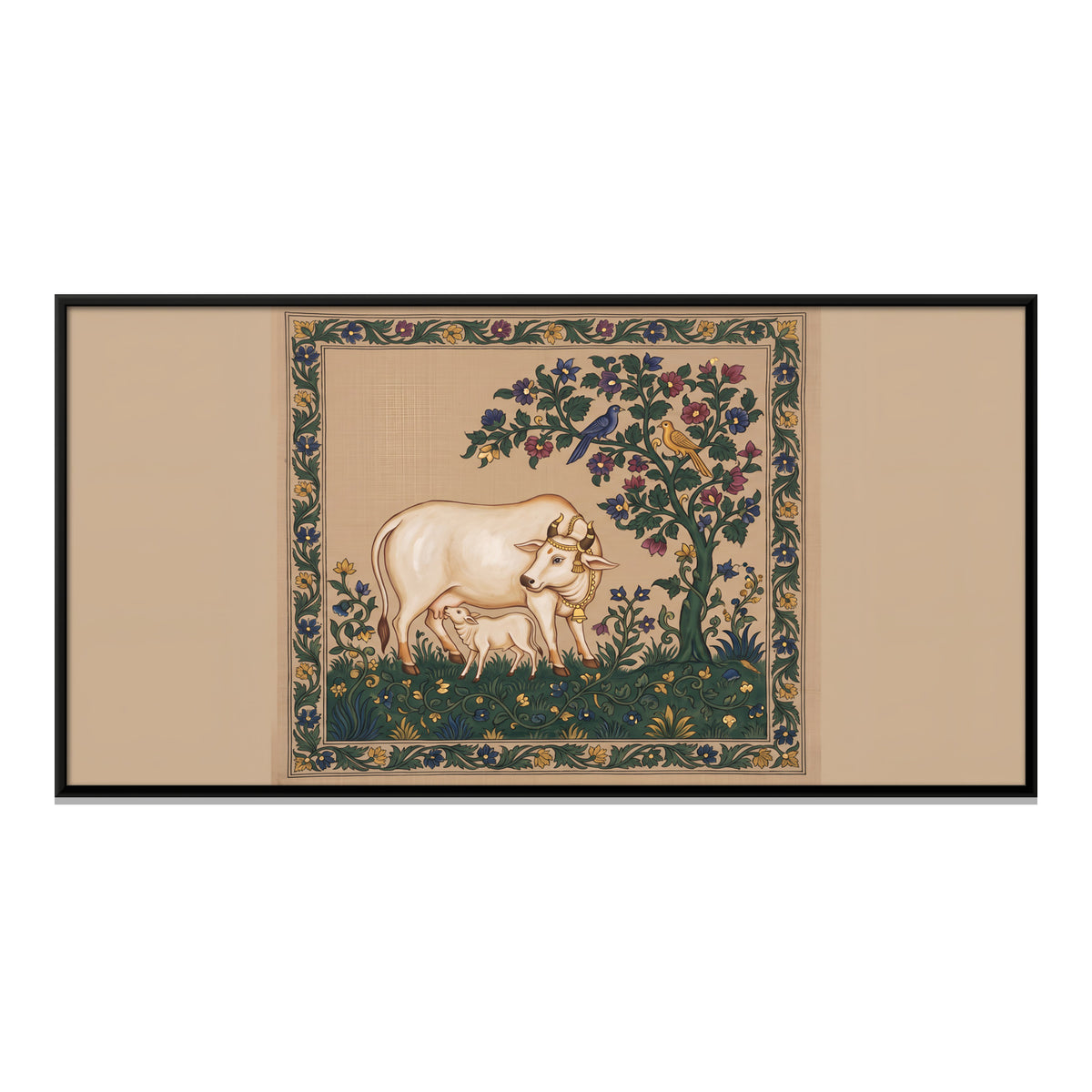 Gau Mata and Calf Beneath a Flowering Tree - framed canvas print, front view
