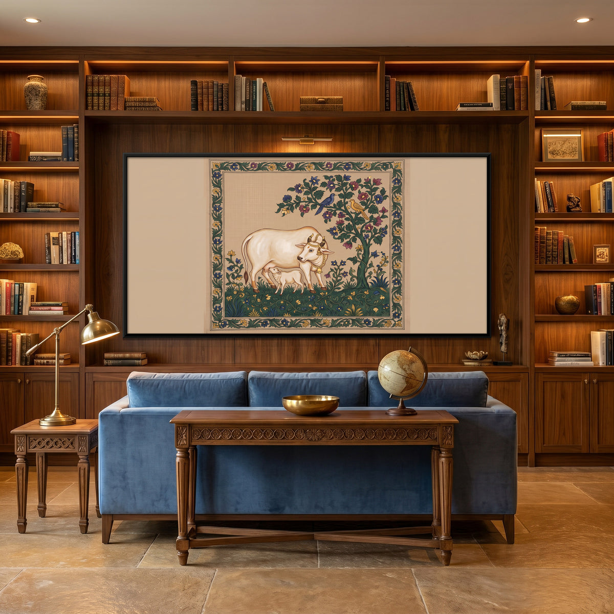 Gau Mata and Calf Beneath a Flowering Tree - canvas art shown in a styled room