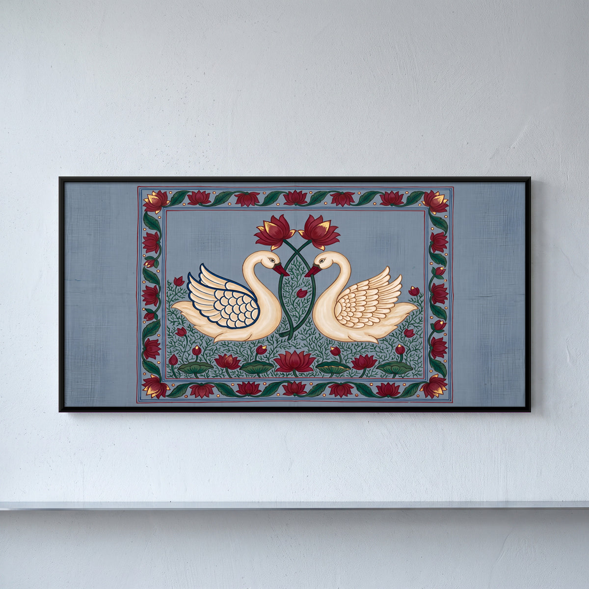 Swan Pair in a Lotus Pond - framed canvas art hung on a wall