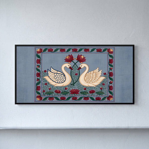 Two Swans Facing Each Other with Lotus Flowers