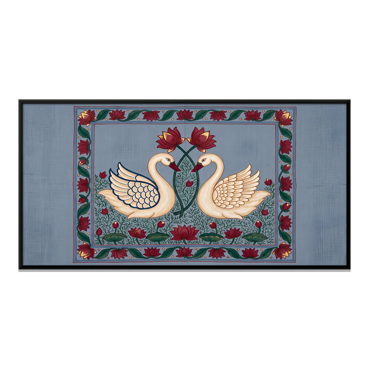 Swan Pair in a Lotus Pond - framed canvas print, front view
