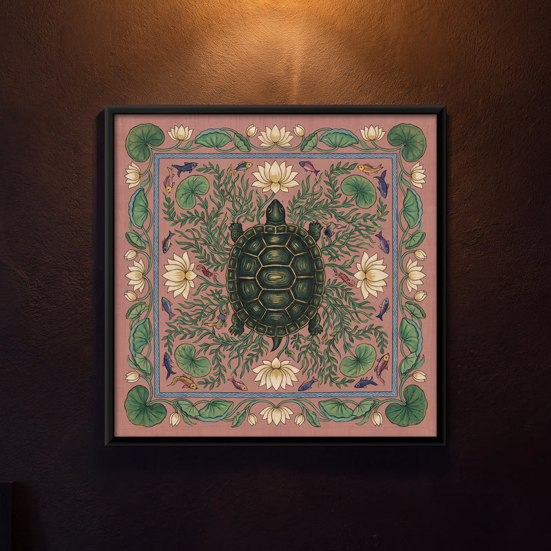 Tortoise in a Lotus Pond - framed canvas art hung on a wall