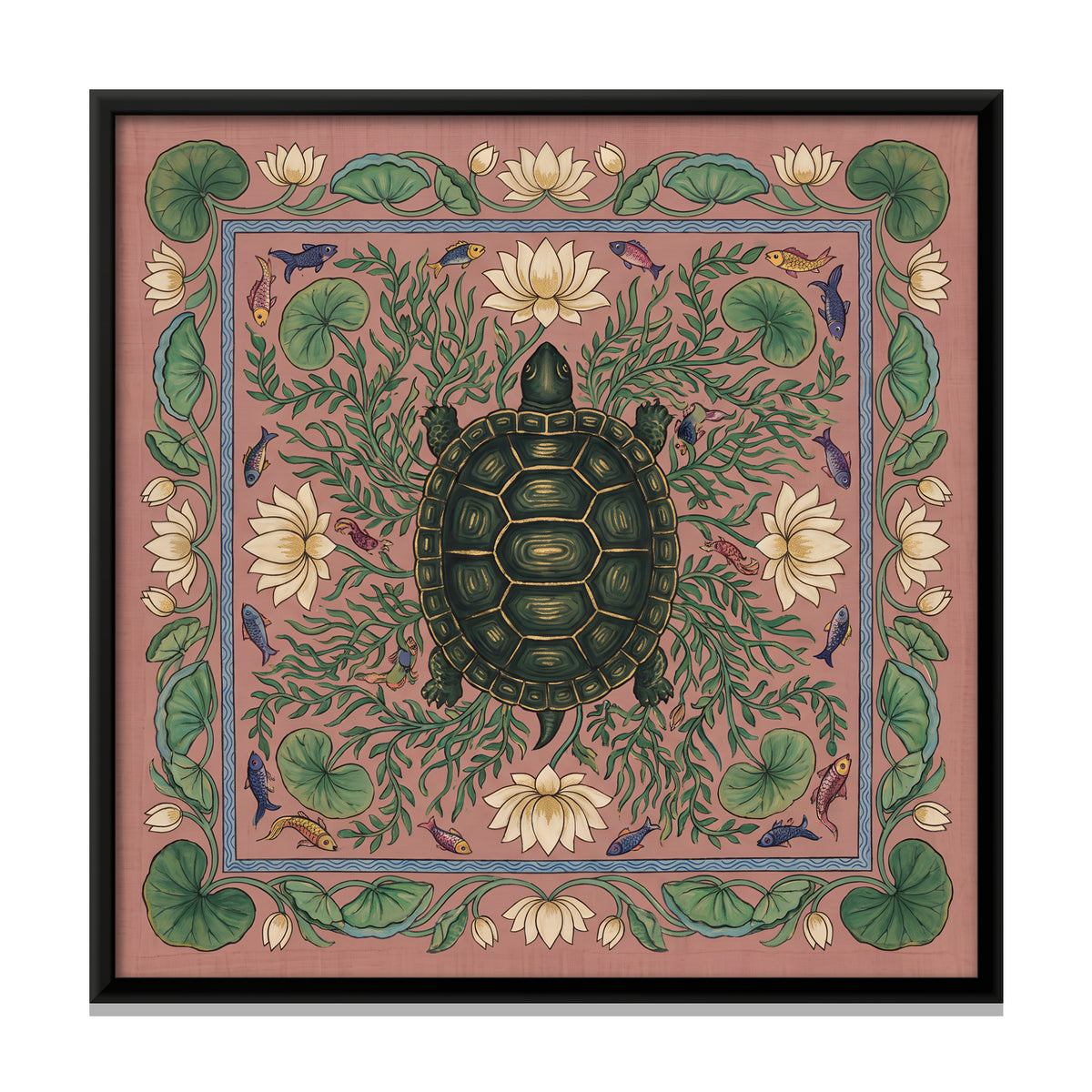 Tortoise in a Lotus Pond - framed canvas print, front view
