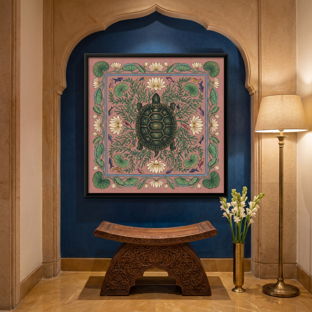Tortoise in a Lotus Pond - canvas art shown in a styled room
