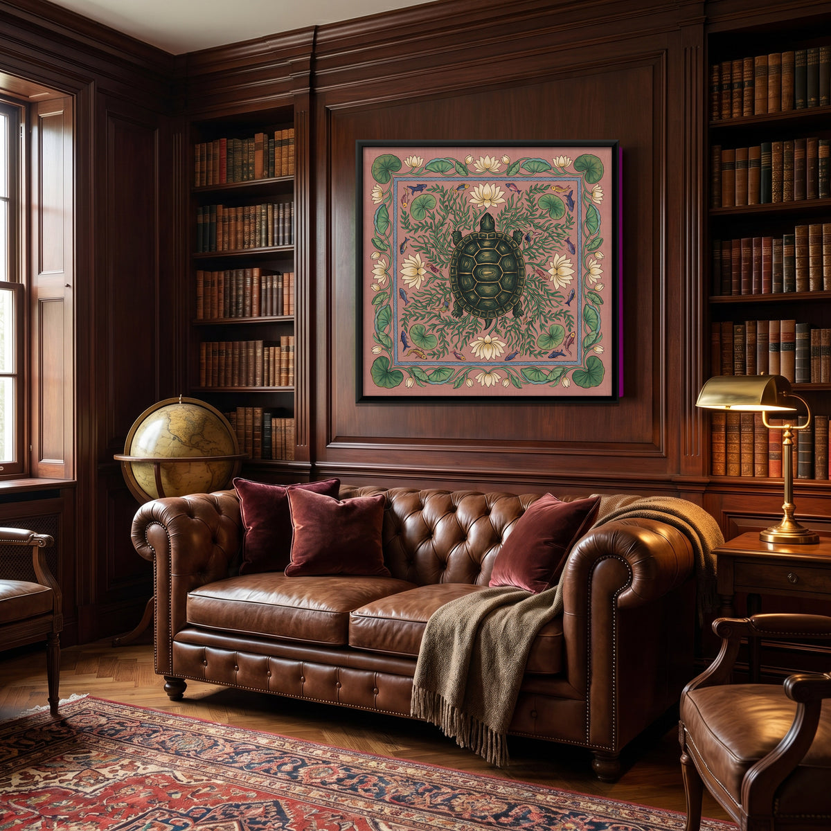 Tortoise in a Lotus Pond - canvas art shown in a second room setting