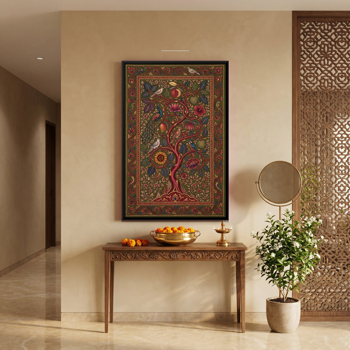 Tree of Life with Birds - canvas art shown in a second room setting
