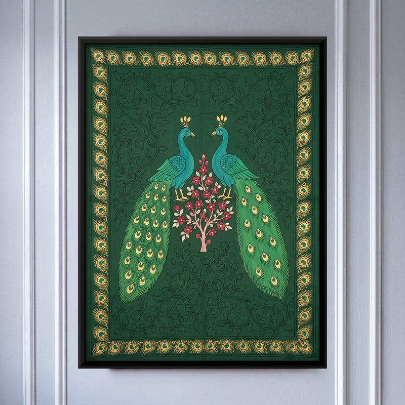Peacock Pair with Flowering Tree - framed canvas art hung on a wall