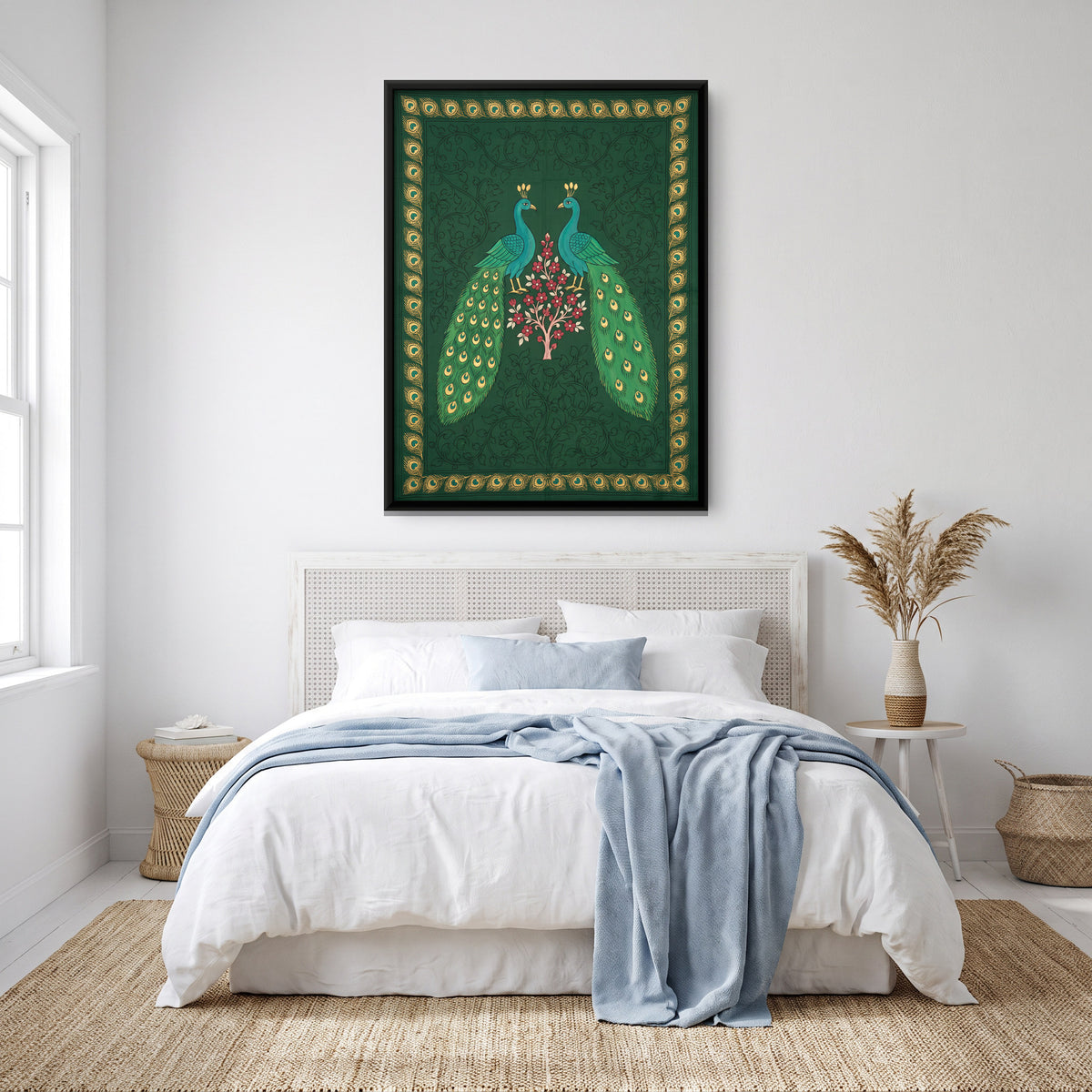 Peacock Pair with Flowering Tree - canvas art shown in a styled room