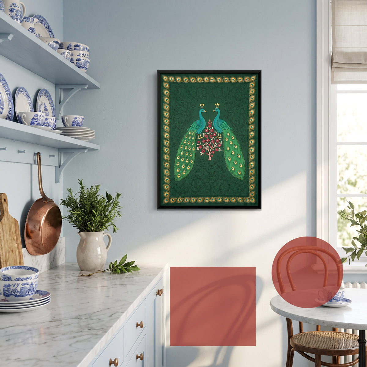 Peacock Pair with Flowering Tree - canvas art shown in a second room setting