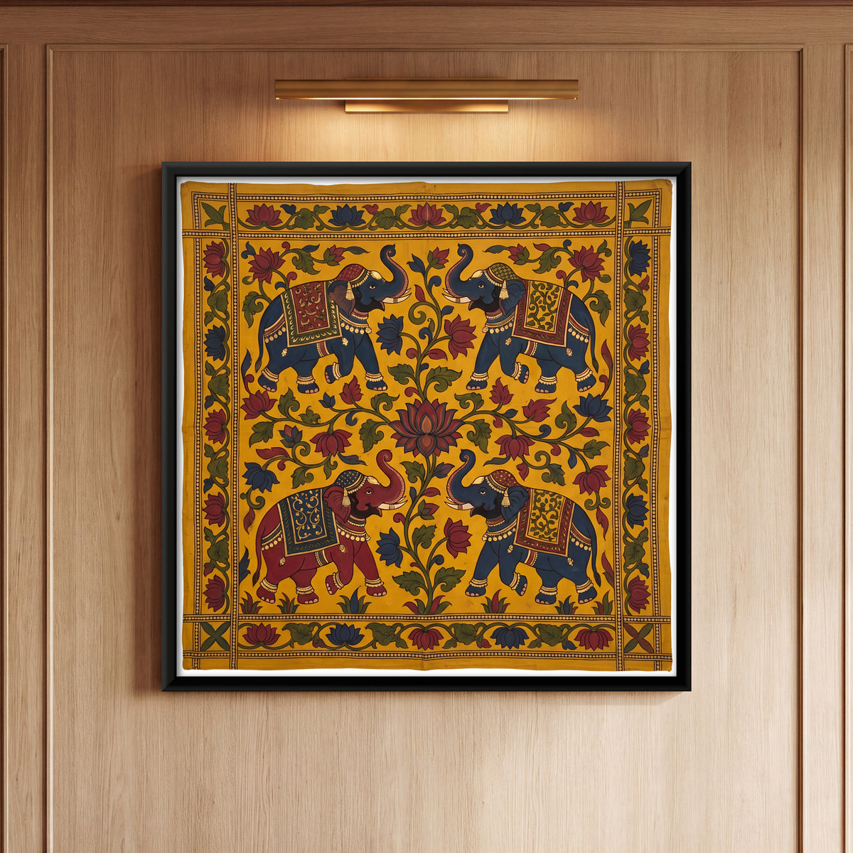 Four Elephants Around a Lotus - framed canvas art hung on a wall